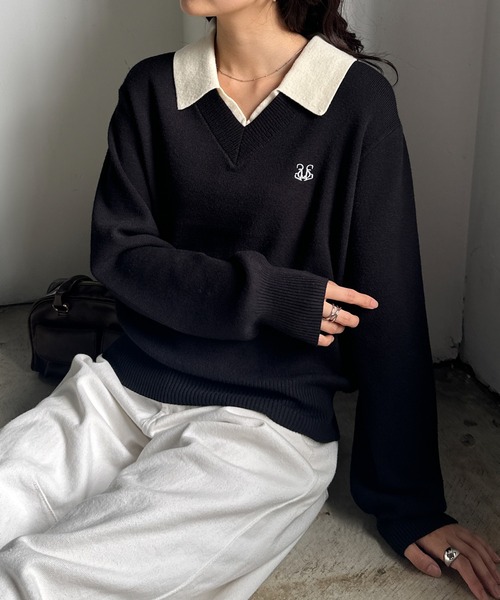 セール】ワンポイント刺繍レイヤード襟付きポロニット（ニット