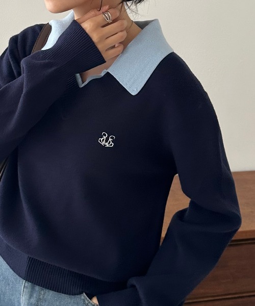 セール】ワンポイント刺繍レイヤード襟付きポロニット（ニット