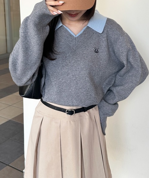 solleim(ソルレム)の「ワンポイント刺繍レイヤード襟付きポロニット(ニット/セーター・レディース・ブラック系/ネイビー系/グレー系・L/M)」の9枚目の写真