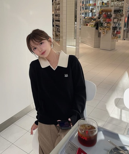 セール】ワンポイント刺繍レイヤード襟付きポロニット（ニット