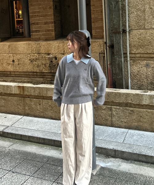 セール】ワンポイント刺繍レイヤード襟付きポロニット（ニット