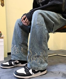 WARAIJOGO（ワライジョウゴ）の「【WARAIJOGO】裾ファイヤーパターンデニムパンツ(NEZ)（デニムパンツ）」