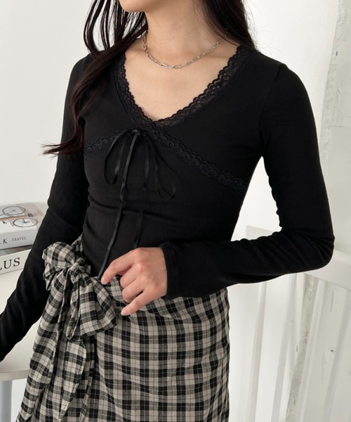 CLEA(クレア)の「カップ付きレースリボンVネックアソートトップス(Tシャツ/カットソー・レディース・ホワイト/ブラック系その他/グレー/ブラック/ホワイト系その他・FREE)」の8枚目の写真