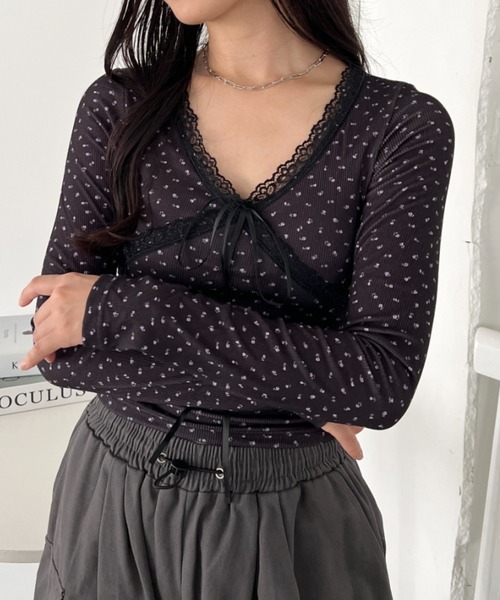 CLEA(クレア)の「カップ付きレースリボンVネックアソートトップス(Tシャツ/カットソー・レディース・ホワイト/ブラック系その他/グレー/ブラック/ホワイト系その他・FREE)」の13枚目の写真