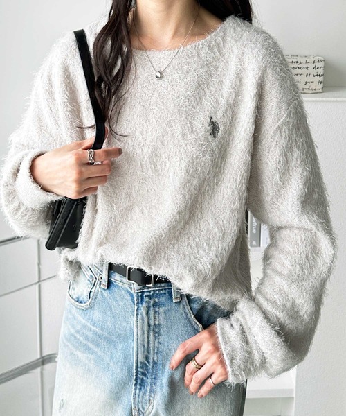 U.S. POLO ASSN.(ユーエスポロアッスン)の「GeeRA別注【U.S. POLO ASSN.】ユーエスポロアッスン シャギーワンポイント刺繍ニットソートップス(ニット/セーター・レディース・ライトグレー/モカ・MEDIUM/LARGE)」の5枚目の写真
