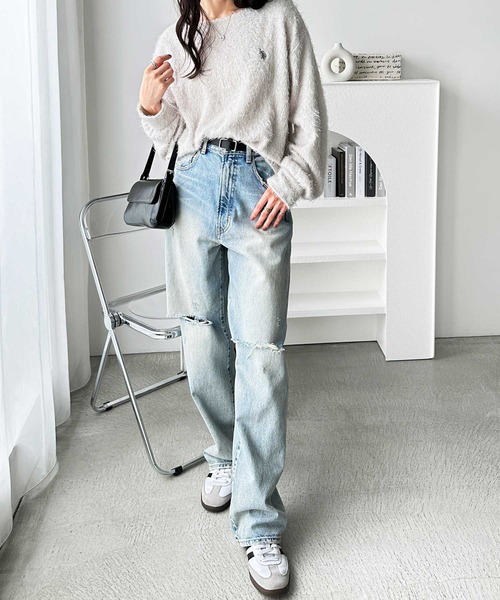 U.S. POLO ASSN.(ユーエスポロアッスン)の「GeeRA別注【U.S. POLO ASSN.】ユーエスポロアッスン シャギーワンポイント刺繍ニットソートップス(ニット/セーター・レディース・ライトグレー/モカ・MEDIUM/LARGE)」の6枚目の写真