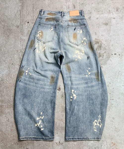Patterson California ダメージデニムパンツ セール】7E10 ダメージ ラフペイント ワイドバレルレッグパンツ