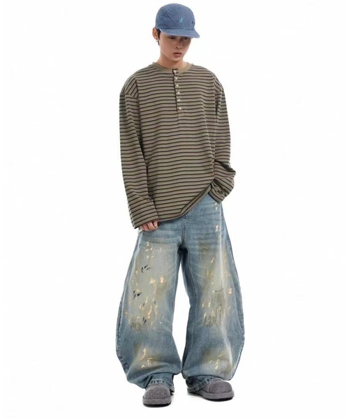 Patterson California ダメージデニムパンツ セール】7E10 ダメージ ラフペイント ワイドバレルレッグパンツ