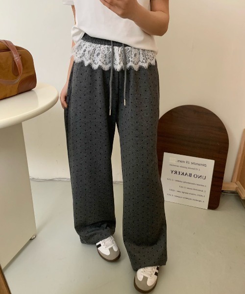 shyam inspiration（シャムインスピレーション）の「【ドット柄】水玉ウエストレース ワイドレッグパンツ/ストレートイージーパンツ/スウェットパンツ（その他パンツ・レディース・ブラック/グレー・M/L）」の3枚目の写真