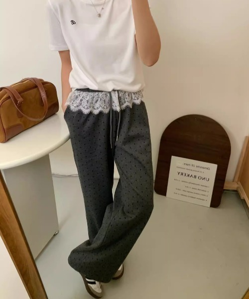 shyam inspiration（シャムインスピレーション）の「【ドット柄】水玉ウエストレース ワイドレッグパンツ/ストレートイージーパンツ/スウェットパンツ（その他パンツ・レディース・ブラック/グレー・M/L）」の5枚目の写真