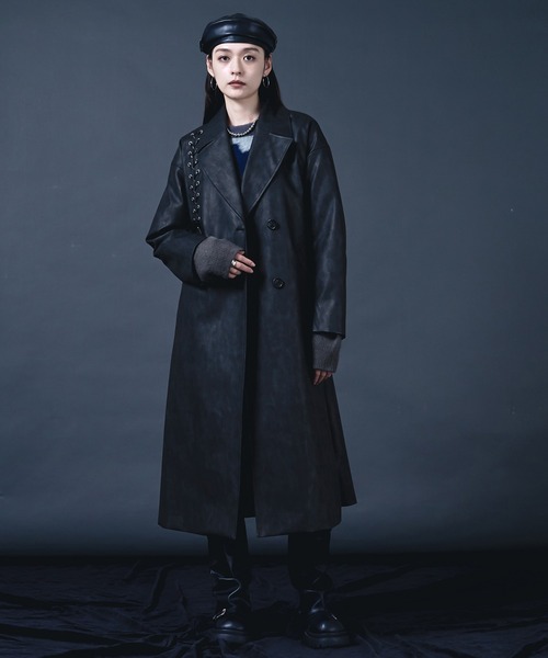 【売切商品】ellno loset ロングコート レースアップ合皮ロングコート（チェスターコート）｜Ellno de