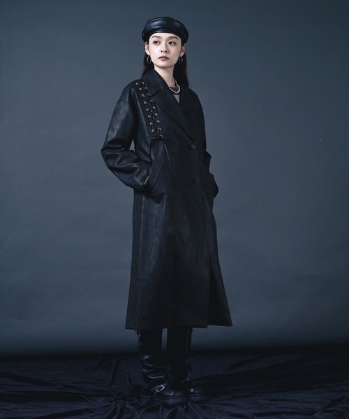 セール】レースアップ合皮ロングコート（チェスターコート）｜Ellno de