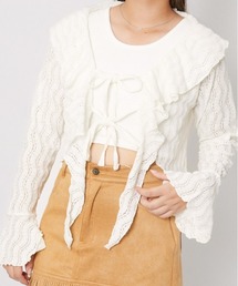 《透かし編み×フリルデザイン》レディース ニットソー カーデ風トップス フェミニン 春夏秋
