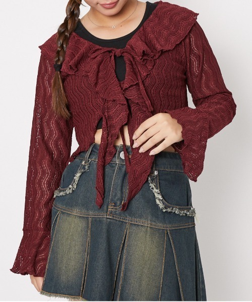 GORGE(ゴージ)の「《透かし編み×フリルデザイン》レディース ニットソー カーデ風トップス フェミニン 春夏秋(ニット/セーター・レディース・アイボリー/ブラック/ボルドー・F)」の3枚目の写真