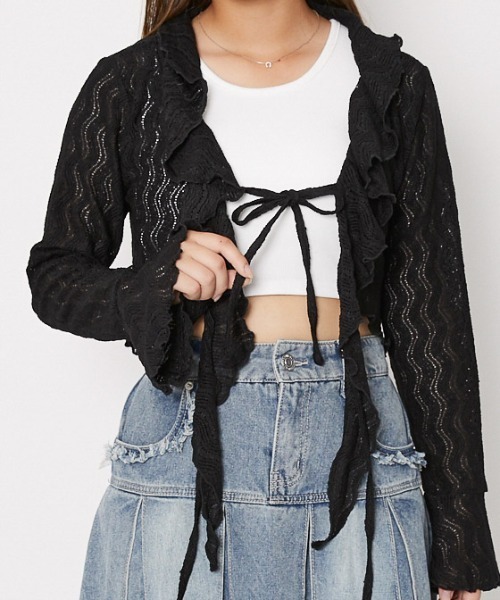 GORGE(ゴージ)の「《透かし編み×フリルデザイン》レディース ニットソー カーデ風トップス フェミニン 春夏秋(ニット/セーター・レディース・アイボリー/ブラック/ボルドー・F)」の2枚目の写真