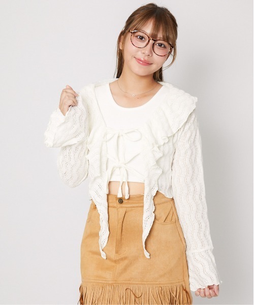 GORGE(ゴージ)の「《透かし編み×フリルデザイン》レディース ニットソー カーデ風トップス フェミニン 春夏秋(ニット/セーター・レディース・アイボリー/ブラック/ボルドー・F)」の4枚目の写真