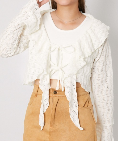 GORGE(ゴージ)の「《透かし編み×フリルデザイン》レディース ニットソー カーデ風トップス フェミニン 春夏秋(ニット/セーター・レディース・アイボリー/ブラック/ボルドー・F)」の5枚目の写真