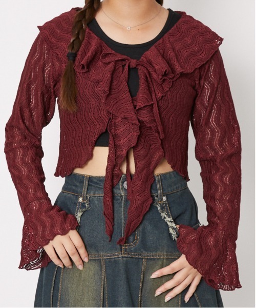 GORGE(ゴージ)の「《透かし編み×フリルデザイン》レディース ニットソー カーデ風トップス フェミニン 春夏秋(ニット/セーター・レディース・アイボリー/ブラック/ボルドー・F)」の6枚目の写真