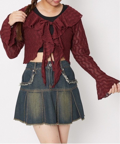 GORGE(ゴージ)の「《透かし編み×フリルデザイン》レディース ニットソー カーデ風トップス フェミニン 春夏秋(ニット/セーター・レディース・アイボリー/ブラック/ボルドー・F)」の7枚目の写真