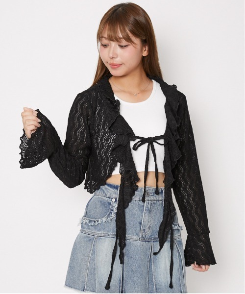 GORGE(ゴージ)の「《透かし編み×フリルデザイン》レディース ニットソー カーデ風トップス フェミニン 春夏秋(ニット/セーター・レディース・アイボリー/ブラック/ボルドー・F)」の8枚目の写真