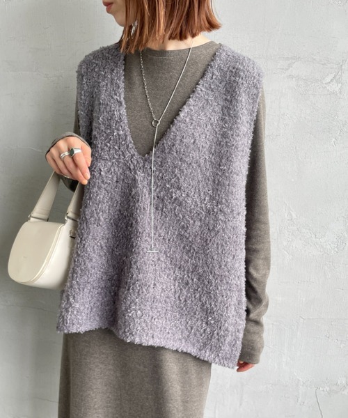 mizuiro ind ミズイロインド へアリーヤーンワイドベスト グレー mizuiro ind/ミズイロインド] ヘアリーヤーン ワイドシルエットニット