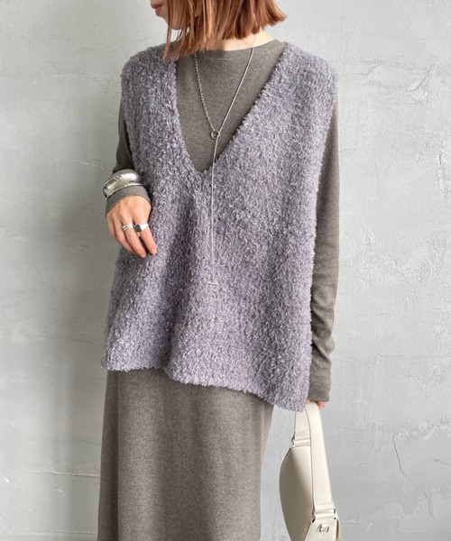 mizuiro ind ミズイロインド へアリーヤーンワイドベスト グレー mizuiro ind/ミズイロインド] ヘアリーヤーン ワイドシルエットニット