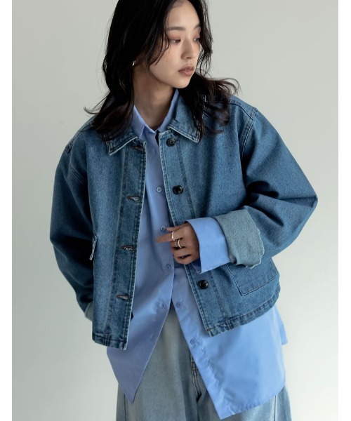 Re:EDIT（リエディ）の「[2025AW COLLECTION]デニムショートカバーオール（デニムジャケット・レディース・ブラック/ブルー/ネイビー・FREE）」の2枚目の写真