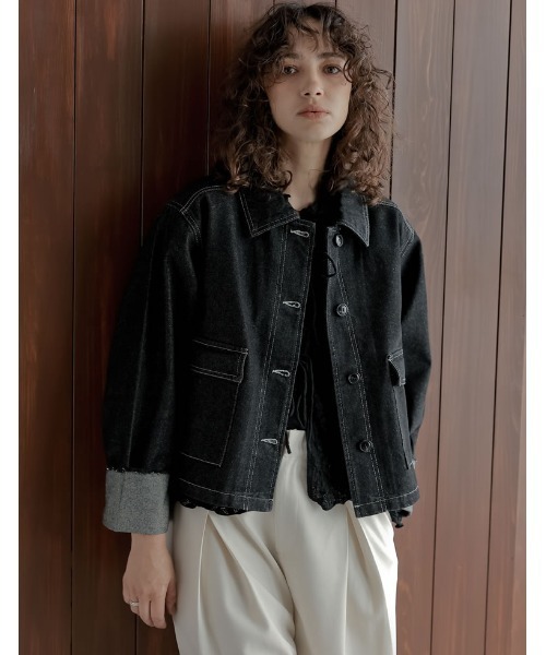 Re:EDIT（リエディ）の「[2025AW COLLECTION]デニムショートカバーオール（デニムジャケット・レディース・ブラック/ブルー/ネイビー・FREE）」の3枚目の写真