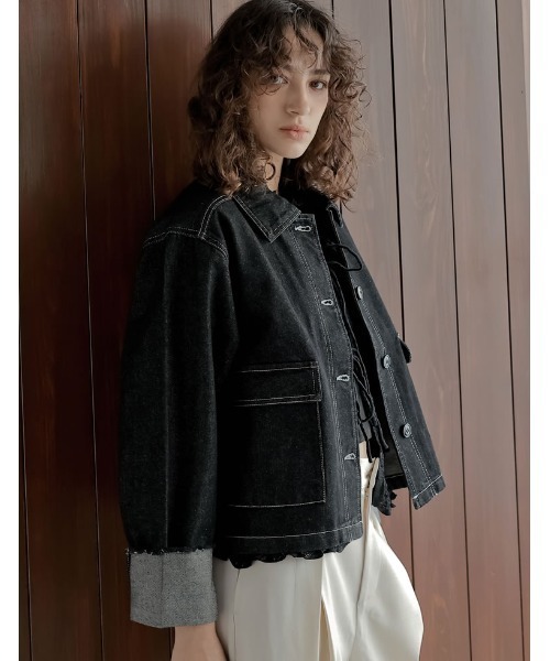 Re:EDIT（リエディ）の「[2025AW COLLECTION]デニムショートカバーオール（デニムジャケット・レディース・ブラック/ブルー/ネイビー・FREE）」の5枚目の写真