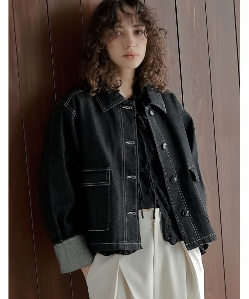 Re:EDIT（リエディ）の「[2025AW COLLECTION]デニムショートカバーオール（デニムジャケット・レディース・ブラック/ブルー/ネイビー・FREE）」の7枚目の写真