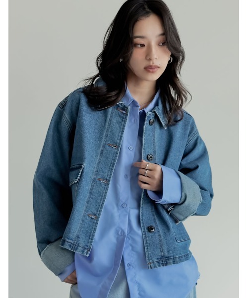 Re:EDIT（リエディ）の「[2025AW COLLECTION]デニムショートカバーオール（デニムジャケット・レディース・ブラック/ブルー/ネイビー・FREE）」の10枚目の写真