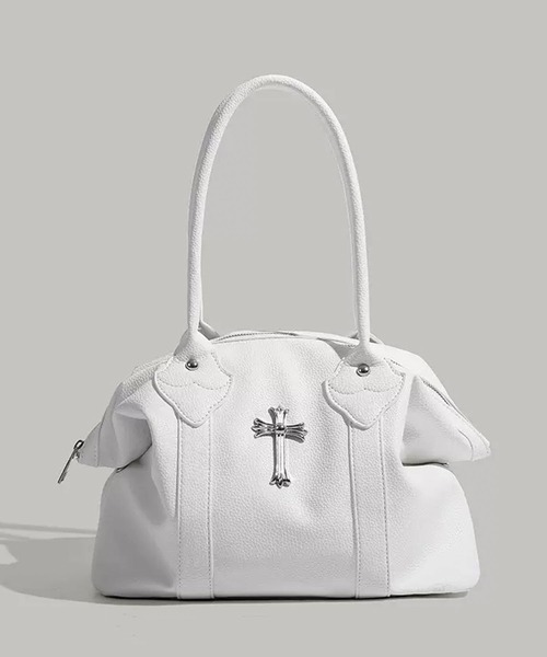 セール】クロスモチーフ付き ソフトホワイトバッグ（ハンドバッグ