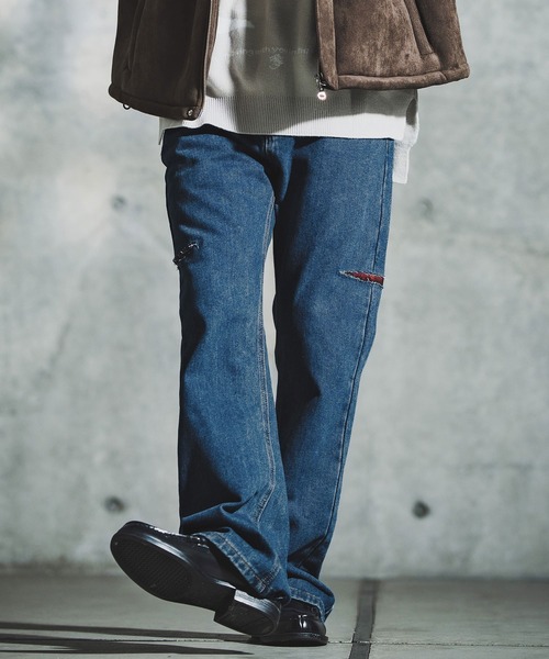 GLIMCLAP（グリムクラップ）の「mp14141-Vintage Wash Flare Denim - Plaid Repairs デニムパンツ(192-055-gla-cf)（デニムパンツ・メンズ・ブラック/インディゴブルー・S/M/L）」の2枚目の写真