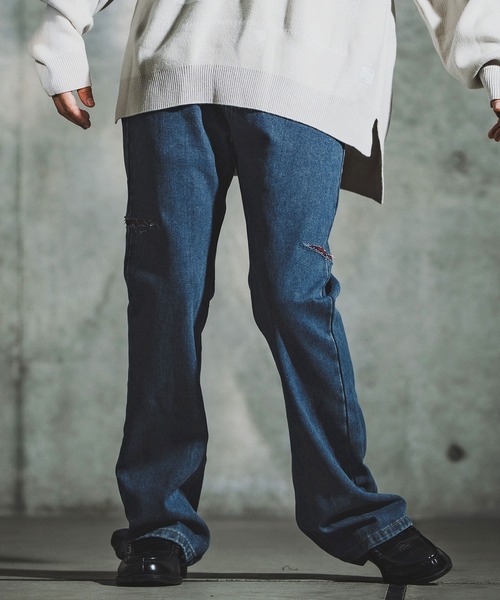 GLIMCLAP（グリムクラップ）の「mp14141-Vintage Wash Flare Denim - Plaid Repairs デニムパンツ(192-055-gla-cf)（デニムパンツ・メンズ・ブラック/インディゴブルー・S/M/L）」の9枚目の写真