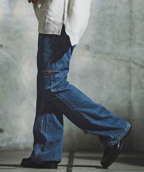 GLIMCLAP（グリムクラップ）の「mp14141-Vintage Wash Flare Denim - Plaid Repairs デニムパンツ(192-055-gla-cf)（デニムパンツ・メンズ・ブラック/インディゴブルー・S/M/L）」の11枚目の写真