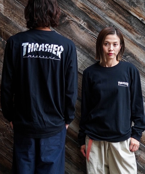 THRASHER(スラッシャー)の「CRACKED HOMETOWN L/S T-SHIRTS/THRASHER スラッシャークラックド ホームタウン 長袖 Tシャツ ロンT フロント バック ロゴ プリント ストリート スケート(Tシャツ/カットソー・メンズ・ブラック/ホワイト・MEDIUM/LARGE/X-LARGE/SMALL)」の2枚目の写真