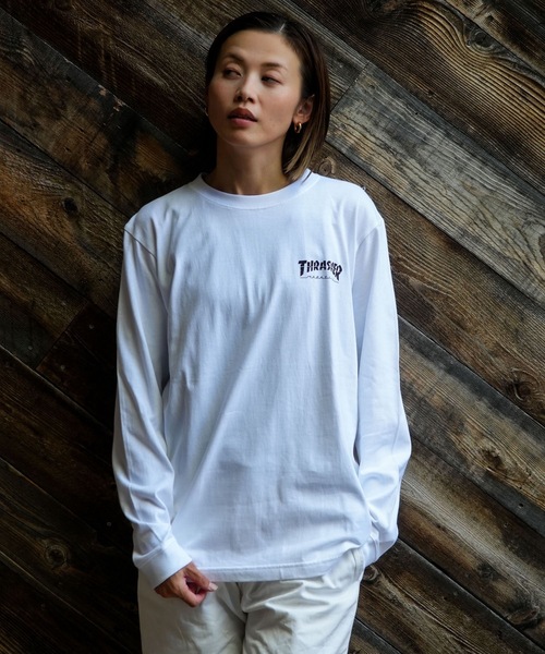 THRASHER(スラッシャー)の「CRACKED HOMETOWN L/S T-SHIRTS/THRASHER スラッシャークラックド ホームタウン 長袖 Tシャツ ロンT フロント バック ロゴ プリント ストリート スケート(Tシャツ/カットソー・メンズ・ブラック/ホワイト・MEDIUM/LARGE/X-LARGE/SMALL)」の13枚目の写真