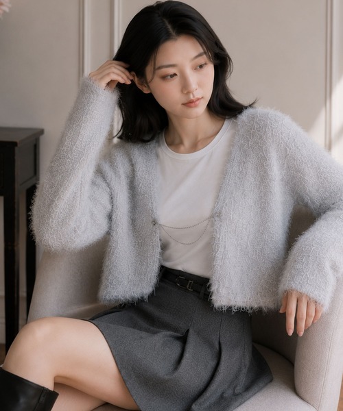 Ruwan yu（ルワンユー）の「シャギーショートカーディガン【大きいサイズ対応】（カーディガン/ボレロ・レディース・ピンク/グレー・L/LL/3L/4L）」の2枚目の写真