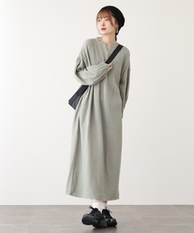 ロング丈 ダブルガーゼピンタック袖ボリュームワンピース