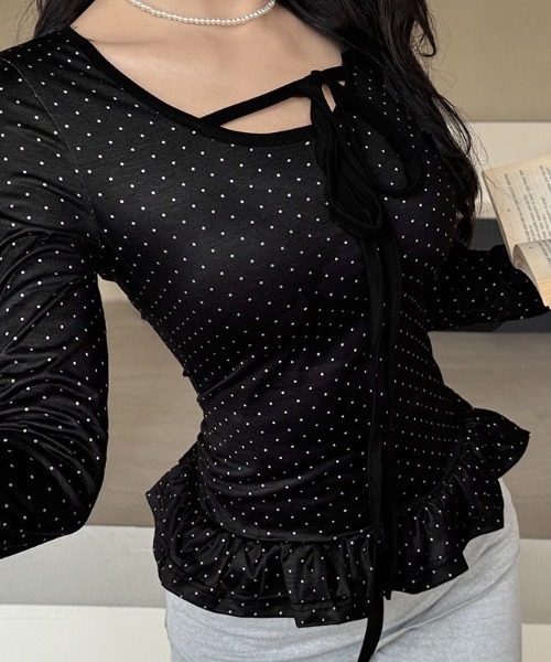 UP START（アップスタート）の「【LAMPOON】ウエストフリルドットロンＴ（Tシャツ/カットソー・レディース・ブラック/ホワイト・MEDIUM/LARGE/SMALL）」の5枚目の写真