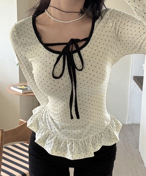 UP START（アップスタート）の「【LAMPOON】ウエストフリルドットロンＴ（Tシャツ/カットソー・レディース・ブラック/ホワイト・MEDIUM/LARGE/SMALL）」の6枚目の写真