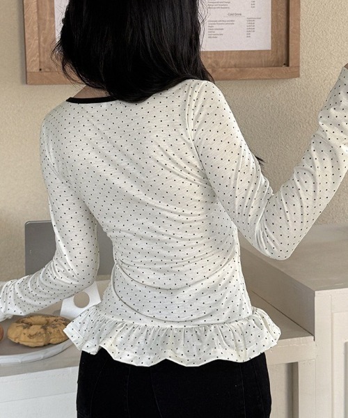 UP START（アップスタート）の「【LAMPOON】ウエストフリルドットロンＴ（Tシャツ/カットソー・レディース・ブラック/ホワイト・MEDIUM/LARGE/SMALL）」の7枚目の写真