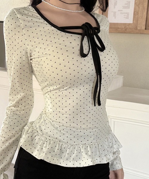 UP START（アップスタート）の「【LAMPOON】ウエストフリルドットロンＴ（Tシャツ/カットソー・レディース・ブラック/ホワイト・MEDIUM/LARGE/SMALL）」の9枚目の写真