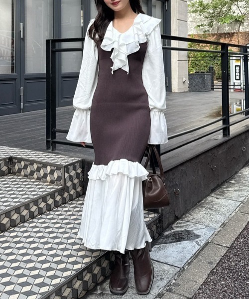 rienda(リエンダ)の「ダブルフリルコンビニットワンピース 秋服 冬服(ワンピース・レディース・ブラウン/ブラック/ライトブルー・FREE)」の1枚目の写真