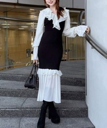 ダブルフリルコンビニットワンピース 秋服 冬服