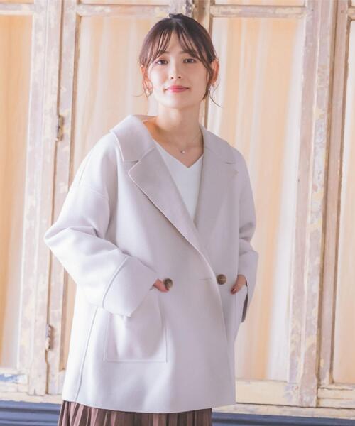 ITS'DEMO（イッツデモ）の「裏リブミディ丈ダブルコート（チェスターコート・レディース・ライトグレー/アイボリー/ブラウン系その他/ライトベージュ・00）」の13枚目の写真