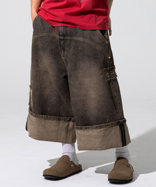 XP284 ボロパッチワークバミューダデニムパンツ (ブラウン)