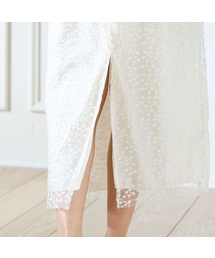 Floral chiffon shirring long skirt - Cream