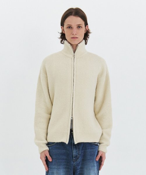 Fluffy wool blend zip‑up cardigan — айвори