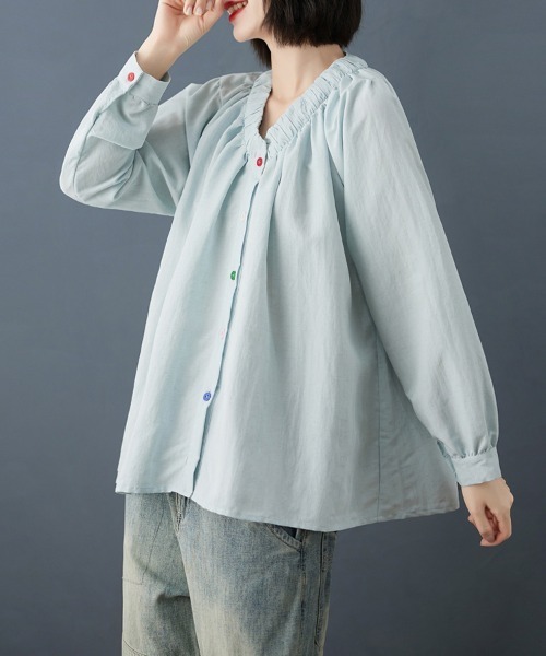 ONEP STAR(ワンピスター)の「カラーボタンギャザーブラウス(シャツ/ブラウス・レディース・ライトブルー/タン・X-LARGE/LARGE/MEDIUM)」の13枚目の写真